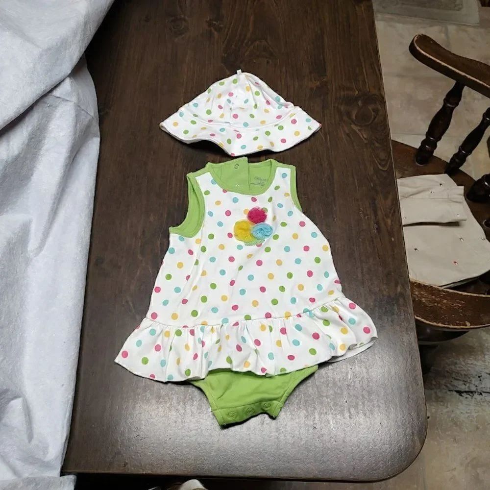 New Little Me White Green Polka Dot Romper With Hat Girl's 6 Months